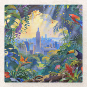 When Wildlife Watches Manhattan – A Cityscape  Glass Coaster