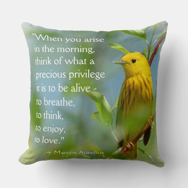 When You Arise in the Morning Quote Yellow Warbler Cushion (Front)