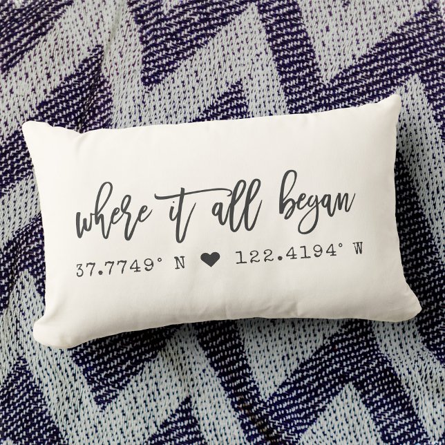 Where it all began Chic Script Custom Coordinates Lumbar Cushion (Creator Uploaded)