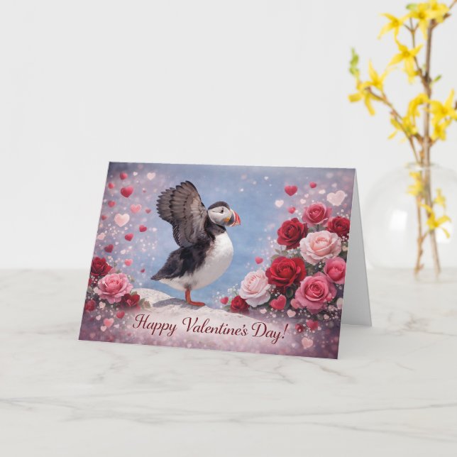 Where Love Takes Wing – Puffin Valentine’s Day Card (Yellow Flower)