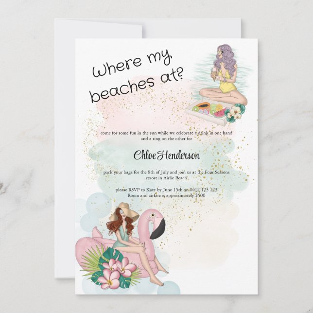 Where My Beaches At Bachelorette Party Invitation (Front)