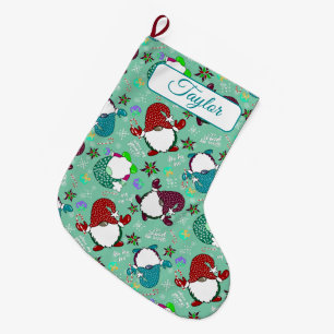 Where My Gnomies At? Holiday Gnome-Sea Foam Green Large Christmas Stocking