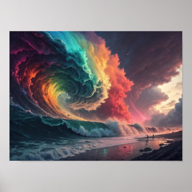 Where Rainbow Waves Meet Fiery Skies Poster (Front)