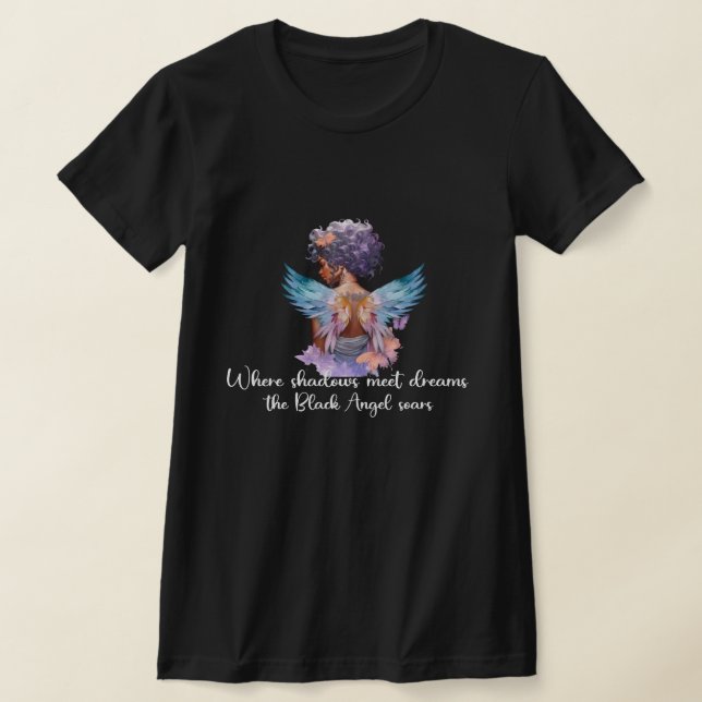 where shadows meet dreams, the black angel soars T-Shirt (Laydown)