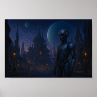 Where Steel Meets the Stars–Robot in an Alien City Poster