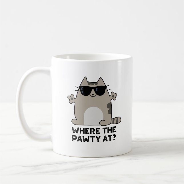 Where The Pawty At Funny Party Cat Pun  Coffee Mug (Left)