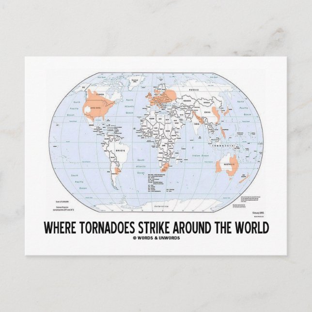 Where Tornadoes Strike Around The World (Map) Postcard (Front)