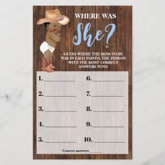 Where was She AA Cowboy Baby Shower Game Card