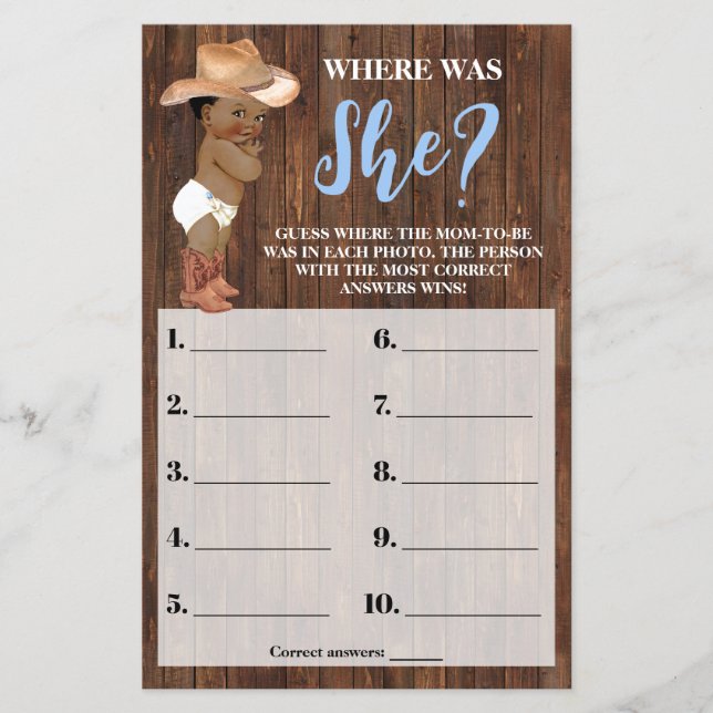 Where was She AA Cowboy Baby Shower Game Card (Front)