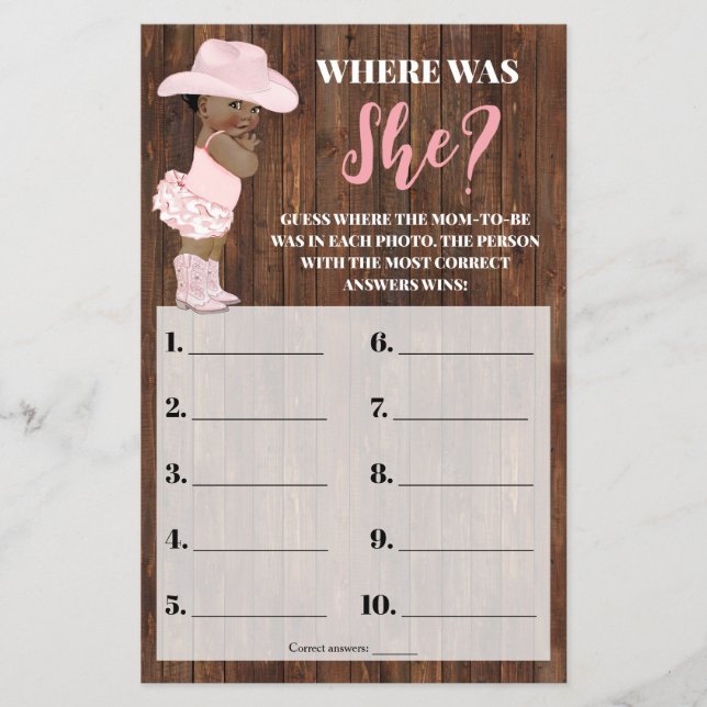 Where was She AA Cowgirl Baby Shower Game Card (Front)