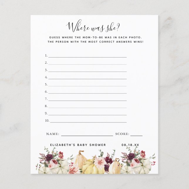 Where was She | Baby Shower Game (Front)