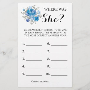 Where was She? Blue Flower Shower Game Card
