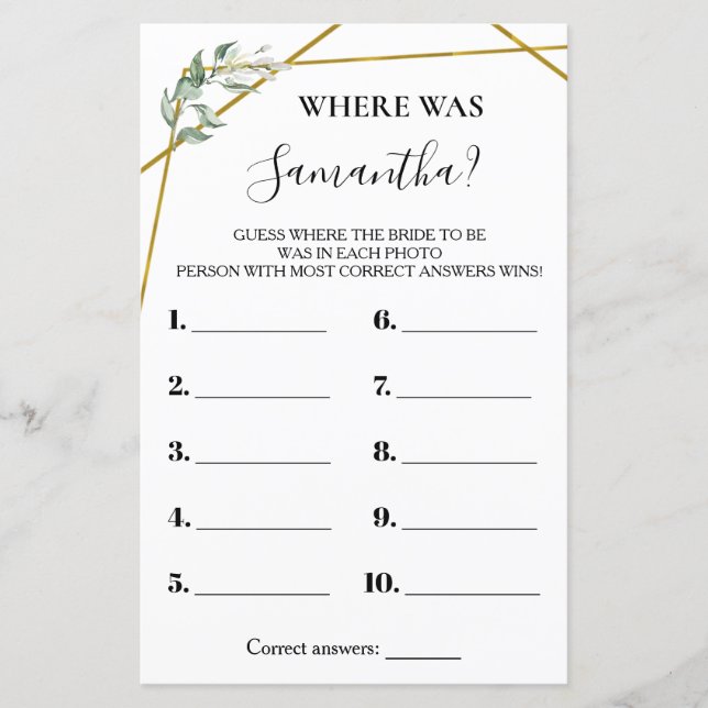Where was She bridal shower bilingual game (Front)