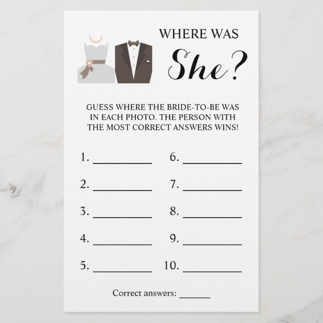 Where was She? Bride & Groom Shower Game Card (Front)