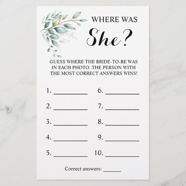 Where was She?Greenery eucalyptus Shower Game Card (Front)