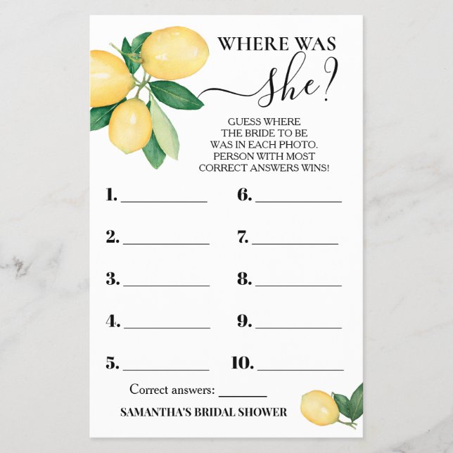 Where was She Lemons Bridal Shower Game card (Front)