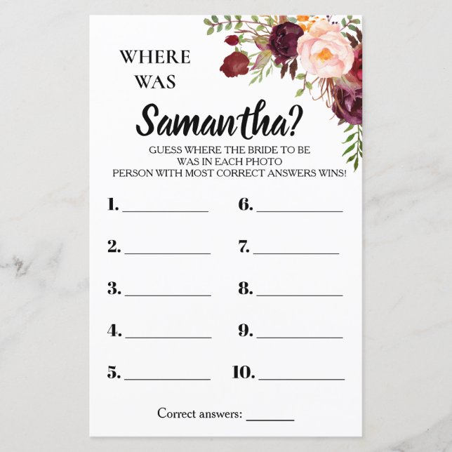 Where was She Marsala Flowers Bridal Shower Game (Front)