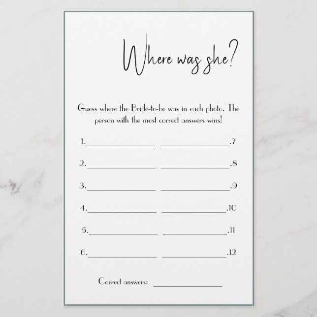 Where was She? Shower Game Card Flyer (Front)