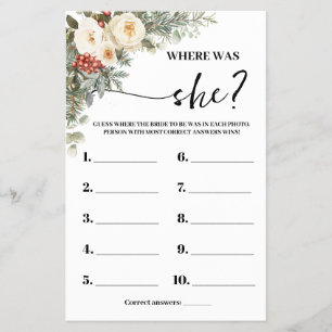 Where was She Winter Bridal Shower Game Card