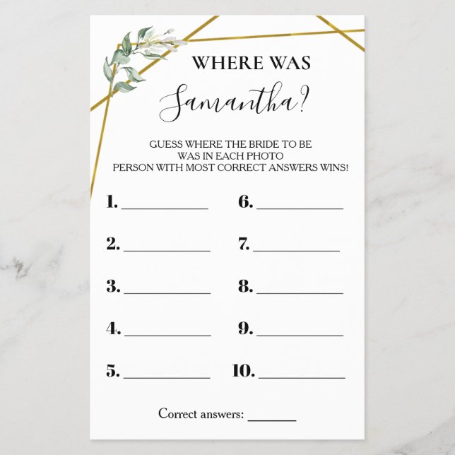 Where was the Bride Greenery Gold Shower Game Card (Front)