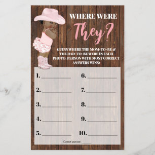 Where Were They AA Cowgirl Baby Shower Game Card