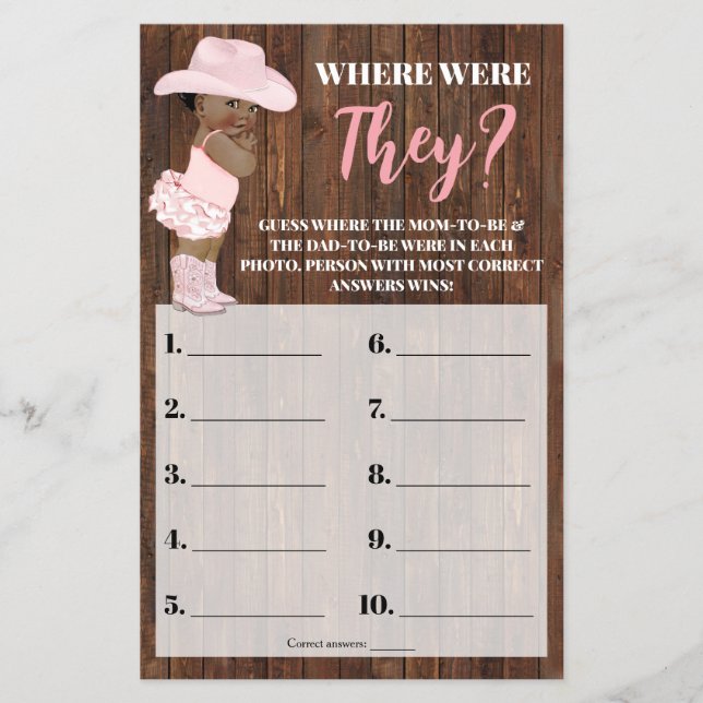 Where Were They AA Cowgirl Baby Shower Game Card (Front)