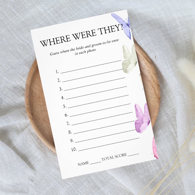 Where were they Bridal Shower Game Butterfly Flyer (Where were they - bridal shower game - he gives her butterflies)