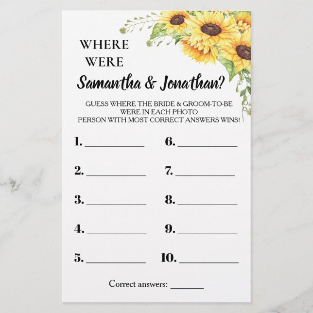 Where were They Bridal Shower Sunflowers Game Card (Front)