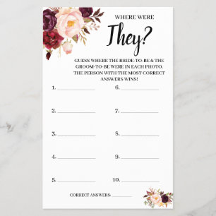 Where were They Marsala Bridal Shower Game Card