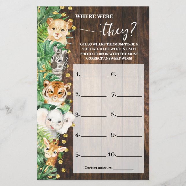 Where were They Safari Baby Shower Game Card (Front)
