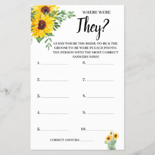 Where were They Sunflowers Bridal Shower Game Card