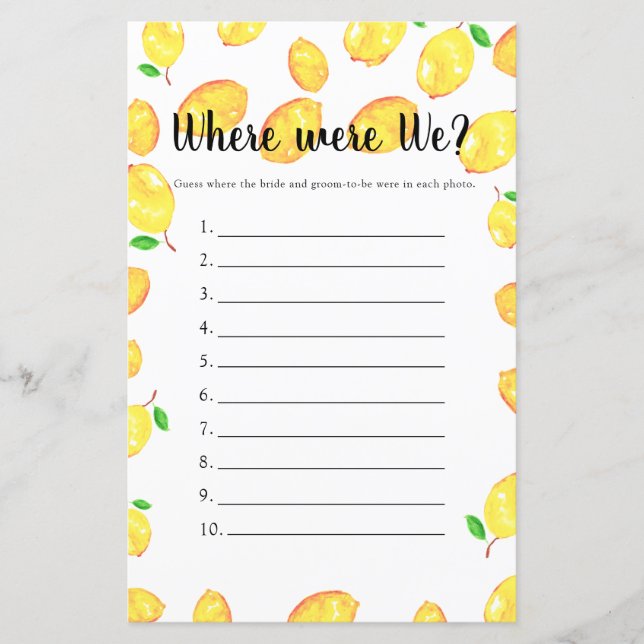 Where were We Bridal Shower Game Lemon Party (Front)