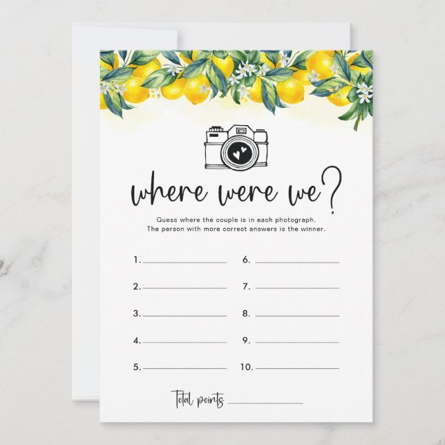 Where Were We Lemon Bridal Shower Game Card (Front)