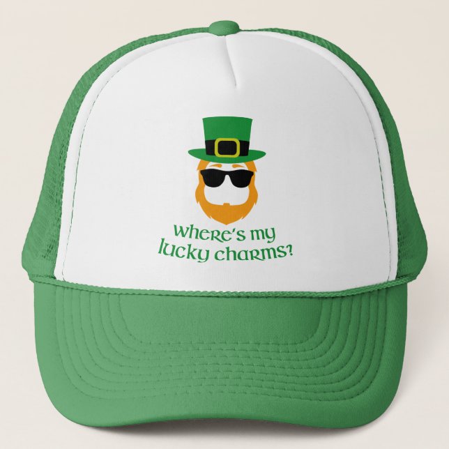 Where's My Lucky Charms? St Patrick Day Leprechaun Trucker Hat (Front)