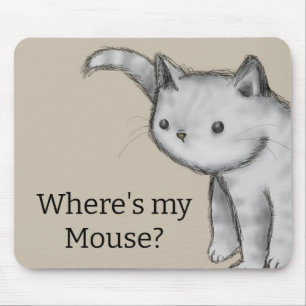 "Where's my Mouse? Whimsical Pencil Drawing Cat Mouse Pad