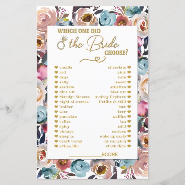 Which One Did the Bride Choose Bridal Shower Games (Front)