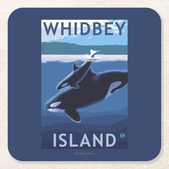 Whidbey Island, WashingtonOrca and Calf Square Paper Coaster (Front)