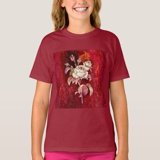 Whie Roses on Deep Red Textured Backdrop T-Shirt (Front)