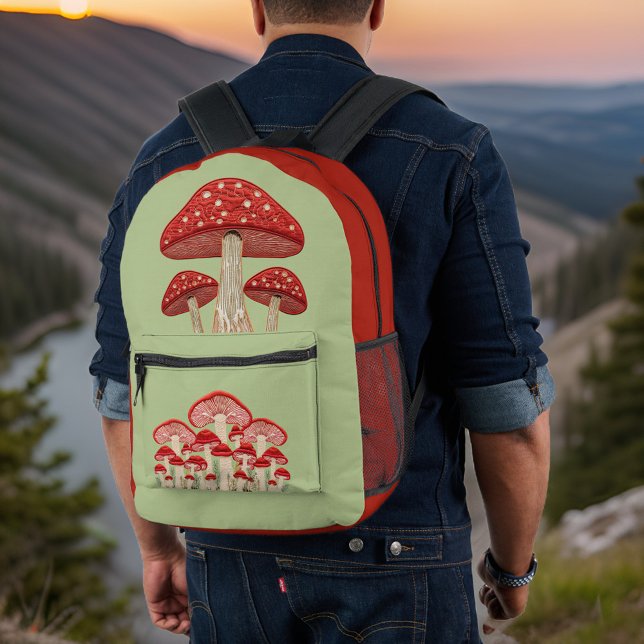 Whimical Red and Tan Mushroom and Sage Green  Printed Backpack (Creator Uploaded)