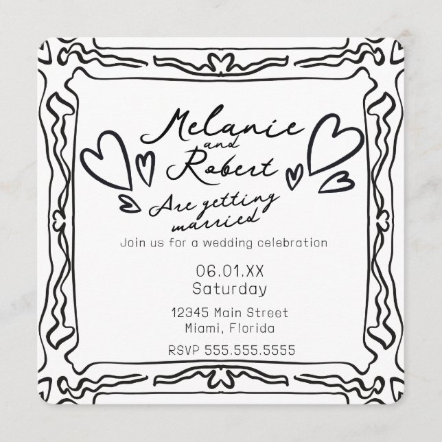 Whimiscal Cute Doodles Black White Frame Wedding Invitation (Front)