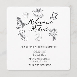 Whimiscal Cute Doodles Black White Wedding Invitation