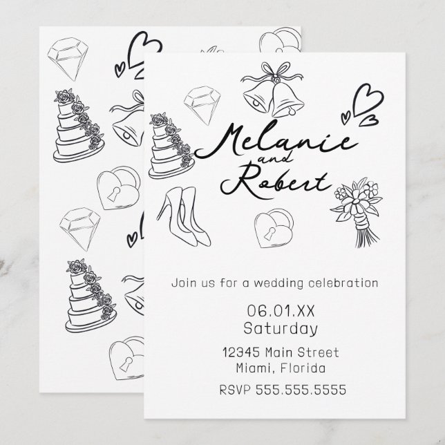 Whimiscal Cute Doodles Black White Wedding Save The Date (Front/Back)