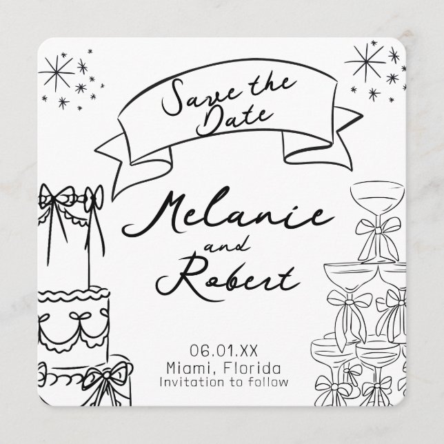 Whimiscal Doodles Black White Wine Cake Invitation (Front)