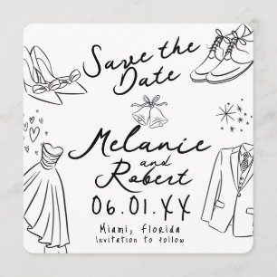 Whimiscal Doodles Groom Bride Save the Date Invitation