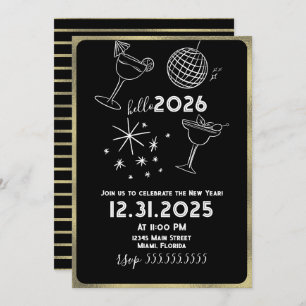 Whimiscal Doodles Hello 2026 New Years Gold Holiday Card