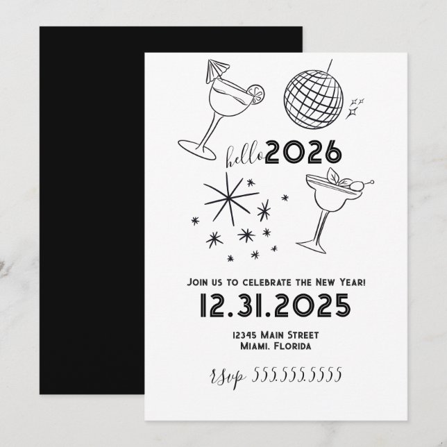 Whimiscal Doodles Hello 2026 New Years Gold Holiday Card (Front/Back)