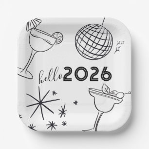 Whimiscal Doodles Hello 2026 New Years Gold Paper Plate
