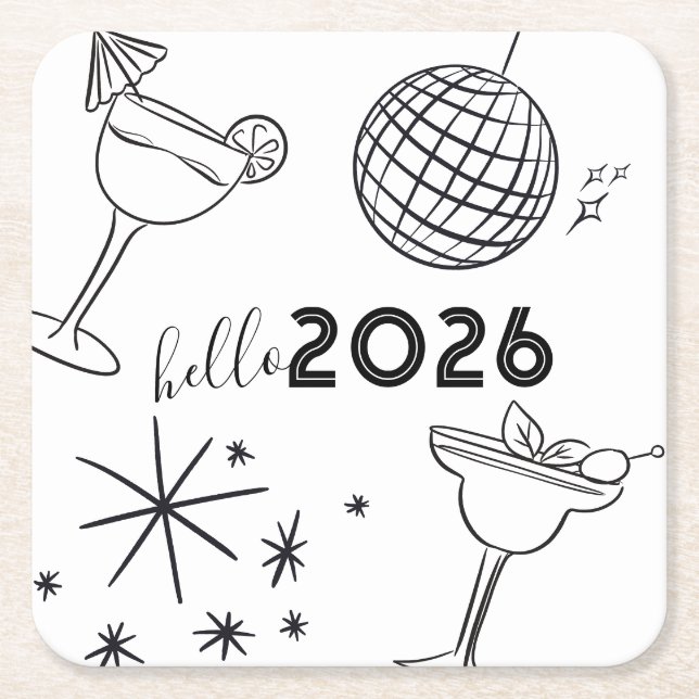 Whimiscal Doodles Hello 2026 New Years Gold Square Paper Coaster (Front)