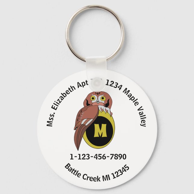 Whimiscal Owl Monogram Contact Info Keychain (Front)