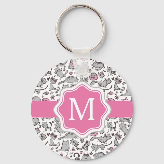 Whimiscal Pink and Grey Cartoon Cat Gift Ideas Key Ring (Front)